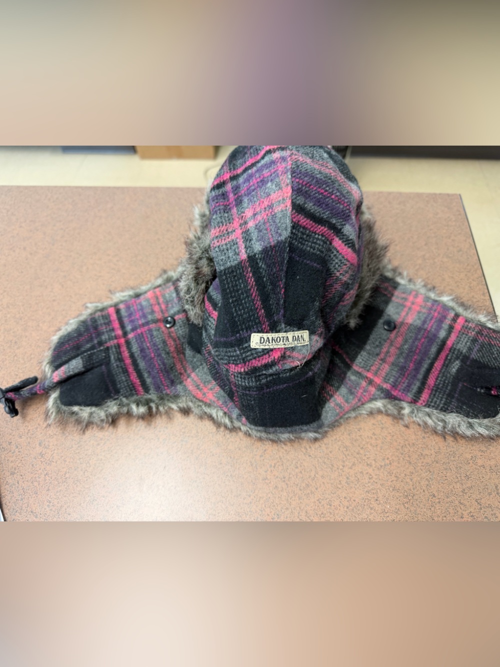 Dakota Dan Women's Pink Gray Plaid Trapper Flap Hat Faux Fur Trim One Size